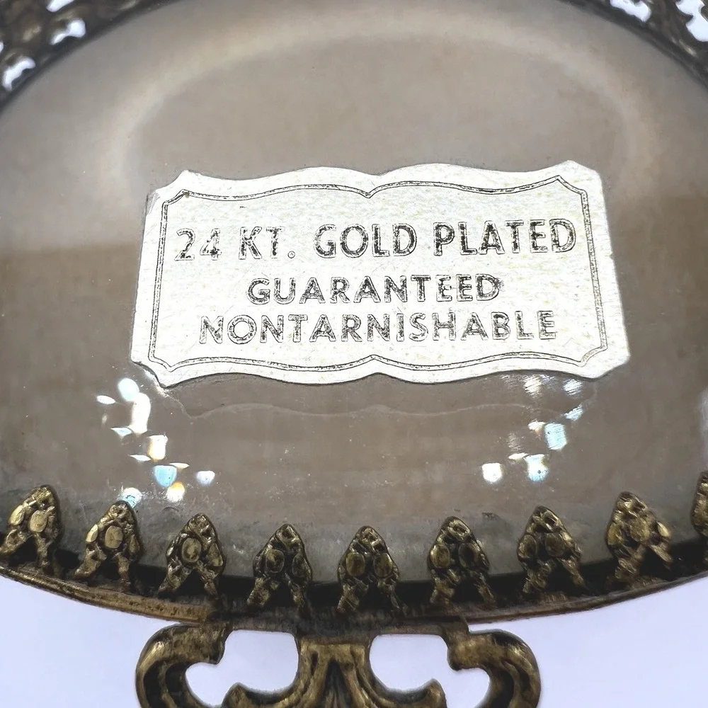 Vintage 24kt Gold Plated Filigree Ormolu Oval Jewelry Casket Box Glass Lid Clean
